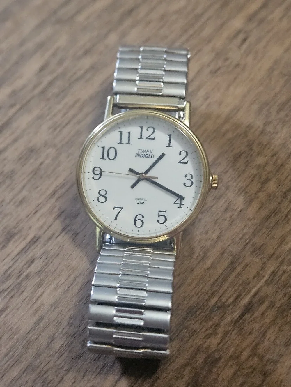 Vintage Timex Indiglo Gold Tone Mixed Metal Quartz Watch White Dial Stretch Band